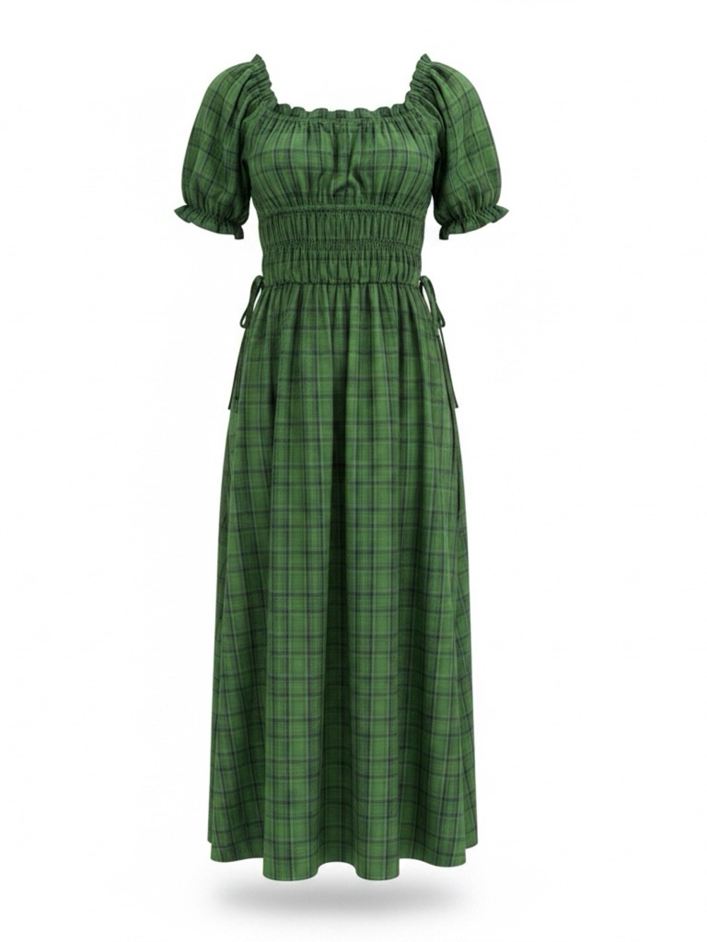 Topshop Green Plaid Smocked Maxi Dress with Puff Sleeves